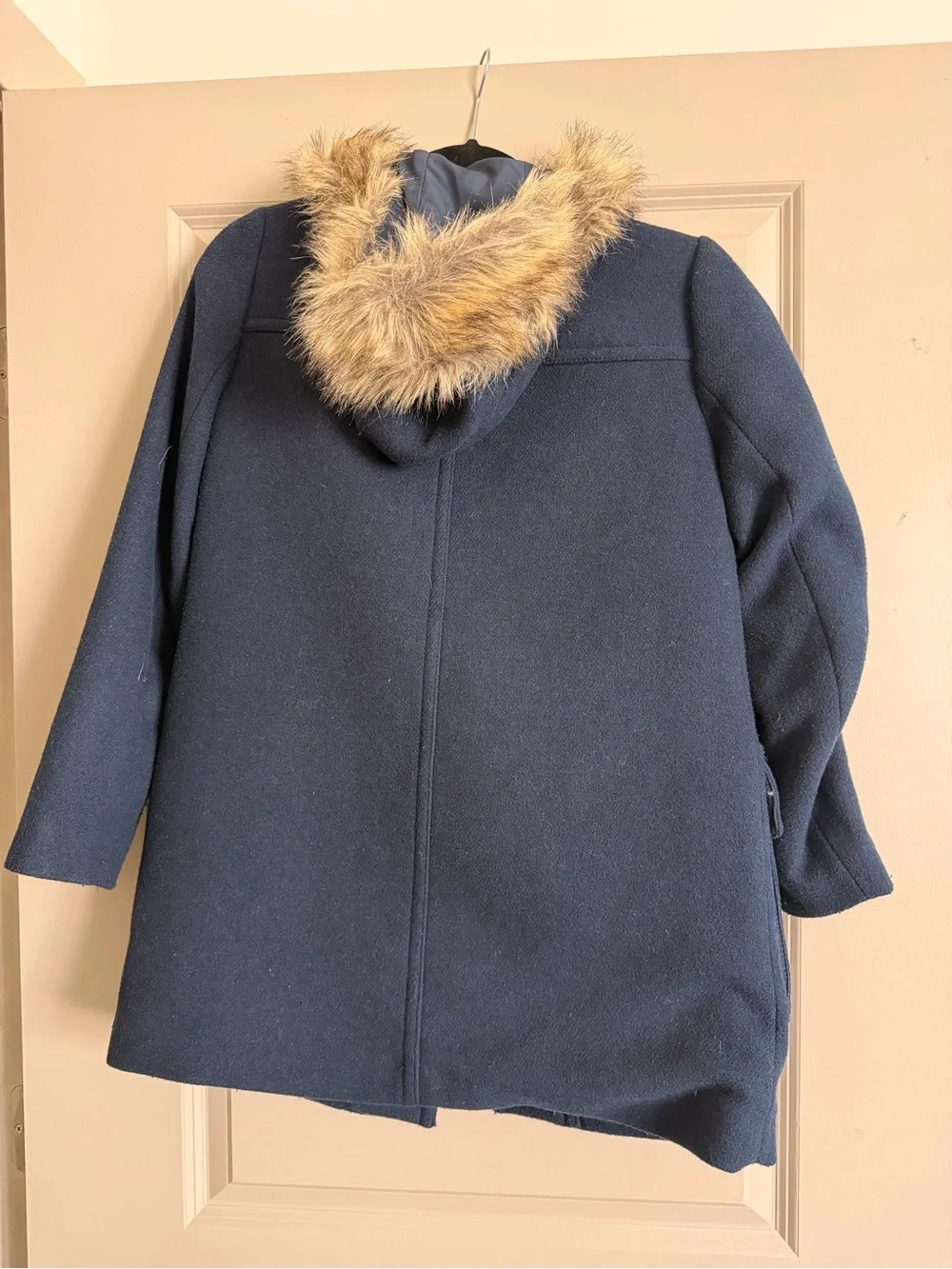 J. Crew Navy Wool-Blend Pea Coat with Faux Fur Hood Trim